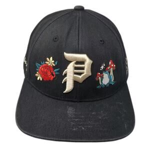 Primitive Snapback Hat Black Gold OS Embroidered Rose Frog Mushroom Adjustable